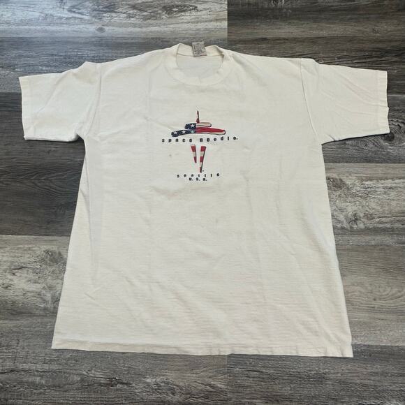 Space Needle Shirt Vintage Mens L Seattle Heavyweight Striped USA Flag 90s - Picture 2 of 9